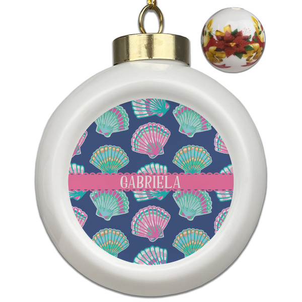 Custom Preppy Sea Shells Ceramic Ball Ornaments - Poinsettia Garland (Personalized)