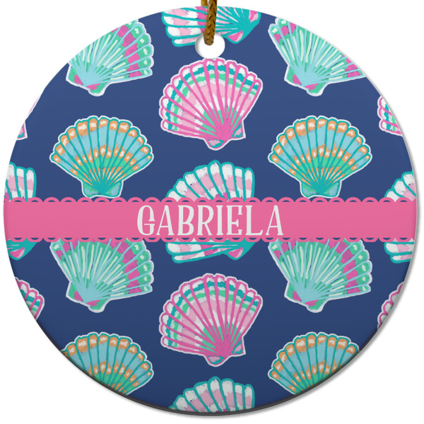 Custom Preppy Sea Shells Round Ceramic Ornament w/ Name or Text