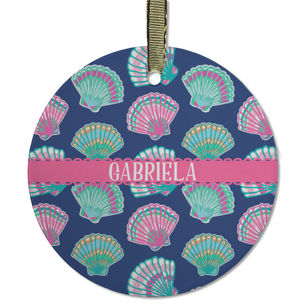 Custom Preppy Sea Shells Flat Glass Ornament - Round w/ Name or Text