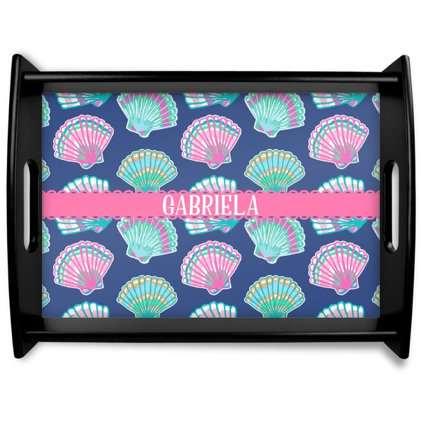 Custom Preppy Sea Shells Black Wooden Tray - Large (Personalized)