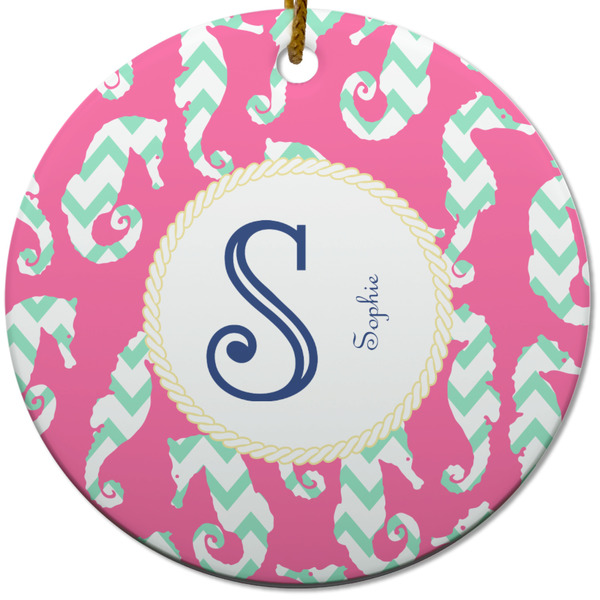 Custom Sea Horses Round Ceramic Ornament w/ Name and Initial