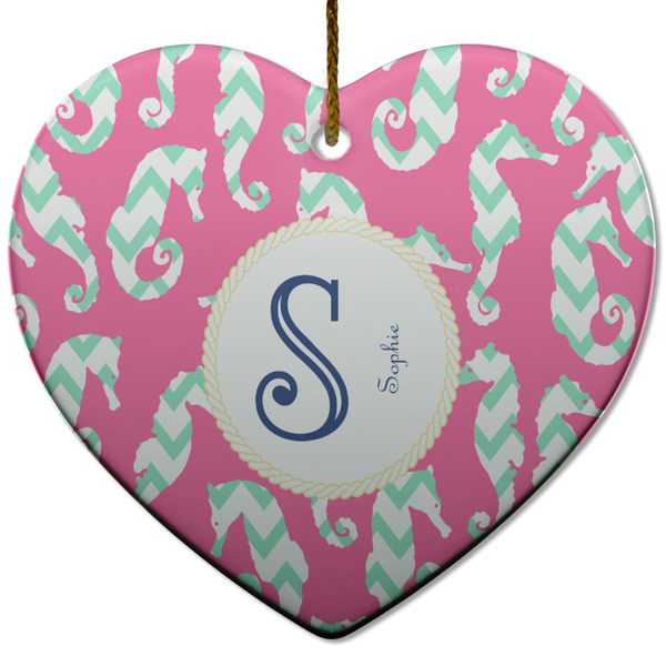 Custom Sea Horses Heart Ceramic Ornament w/ Name and Initial