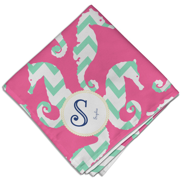 Custom Sea Horses Cloth Dinner Napkin - Single w/ Name and Initial