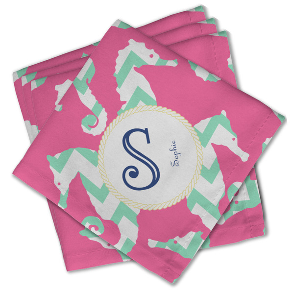 Custom Sea Horses Cloth Cocktail Napkins - Set of 4 w/ Name and Initial