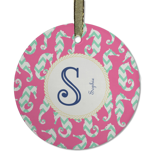 Custom Sea Horses Flat Glass Ornament - Round w/ Name and Initial