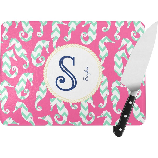 Custom Sea Horses Rectangular Glass Cutting Board - Large - 15.25"x11.25" w/ Name and Initial