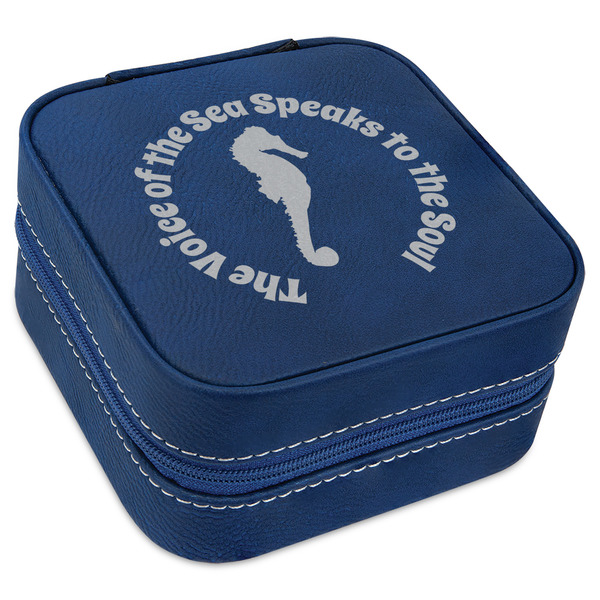 Custom Sea Horses Travel Jewelry Box - Navy Blue Leather (Personalized)