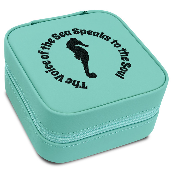 Custom Sea Horses Travel Jewelry Box - Teal Leather (Personalized)