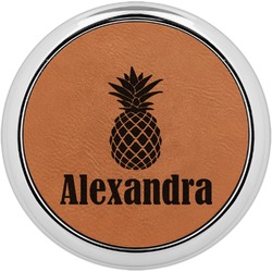 Pineapples Set of 4 Leatherette Round Coasters w/ Silver Edge (Personalized)