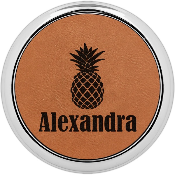 Custom Pineapples Set of 4 Leatherette Round Coasters w/ Silver Edge (Personalized)