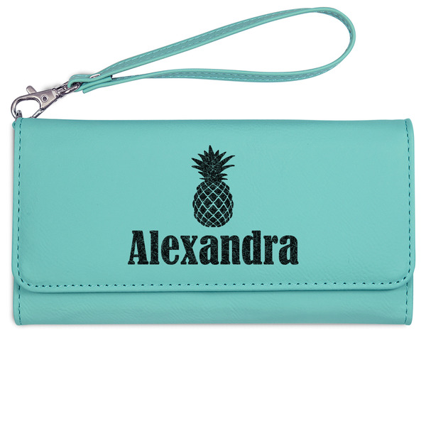 Custom Pineapples Ladies Leatherette Wallet - Laser Engraved- Teal (Personalized)