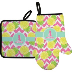 Pineapples Right Oven Mitt & Pot Holder Set w/ Name and Initial