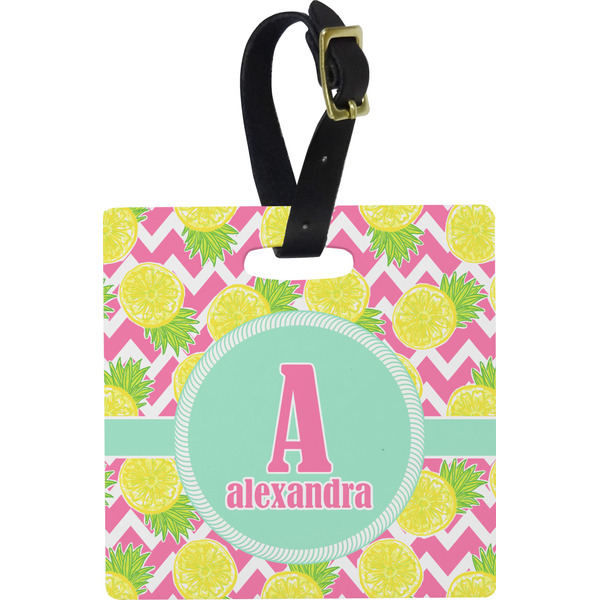 Custom Pineapples Plastic Luggage Tag - Square w/ Name and Initial