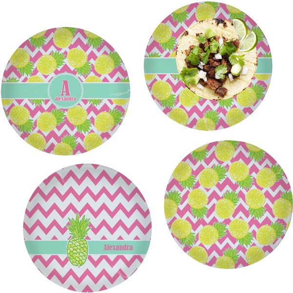 Custom Pineapples Set of 4 Glass Lunch / Dinner Plate 10" (Personalized)