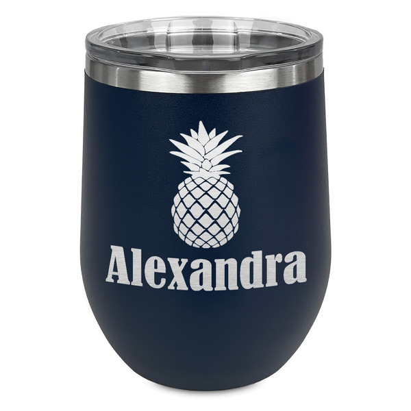 Custom Pineapples Stemless Stainless Steel Wine Tumbler - Navy - Single Sided (Personalized)