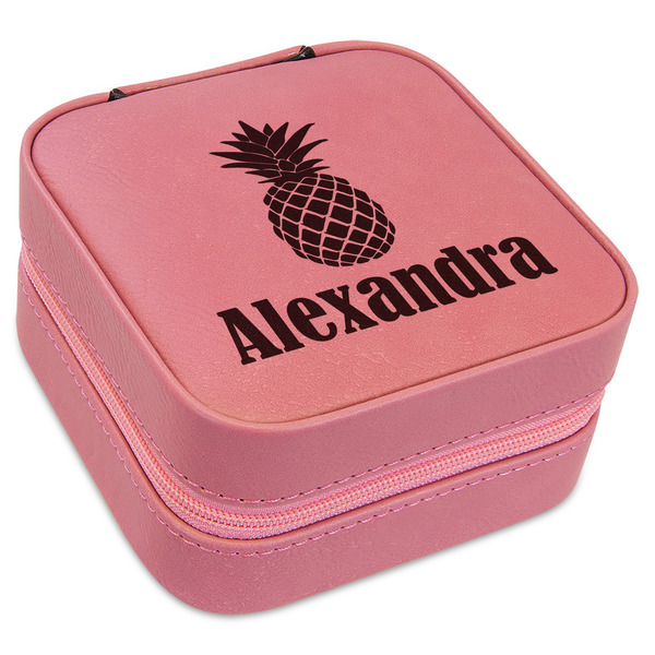 Custom Pineapples Travel Jewelry Boxes - Pink Leather (Personalized)