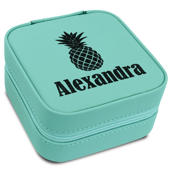 Custom Pineapples Travel Jewelry Box - Teal Leather (Personalized)