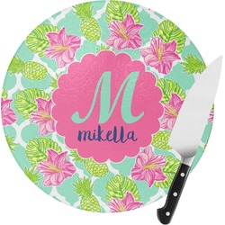 Preppy Hibiscus Round Glass Cutting Board - Small (Personalized)