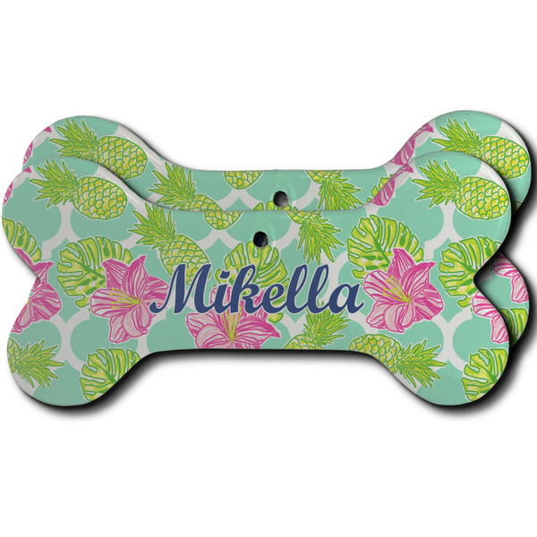 Custom Preppy Hibiscus Ceramic Dog Ornament - Front & Back w/ Name and Initial