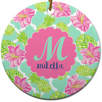 Preppy Hibiscus Round Ceramic Ornament w/ Name and Initial