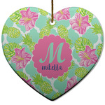 Preppy Hibiscus Heart Ceramic Ornament w/ Name and Initial