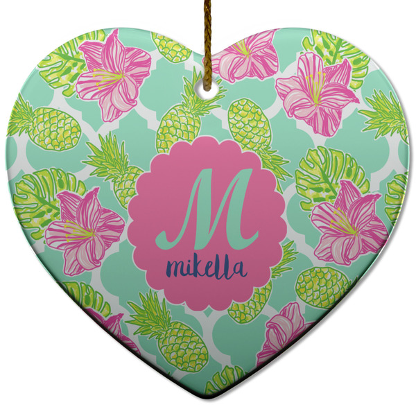 Custom Preppy Hibiscus Heart Ceramic Ornament w/ Name and Initial