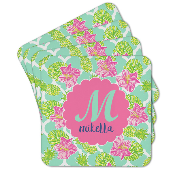 Custom Preppy Hibiscus Cork Coaster - Set of 4 w/ Name and Initial