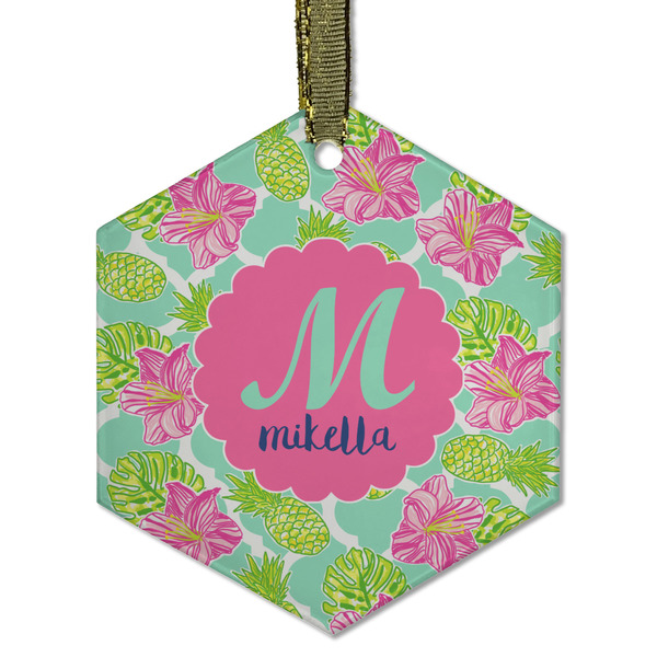 Custom Preppy Hibiscus Flat Glass Ornament - Hexagon w/ Name and Initial