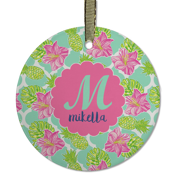 Custom Preppy Hibiscus Flat Glass Ornament - Round w/ Name and Initial