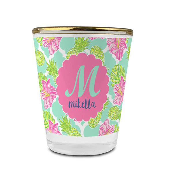 Custom Preppy Hibiscus Glass Shot Glass - 1.5 oz - with Gold Rim - Single (Personalized)