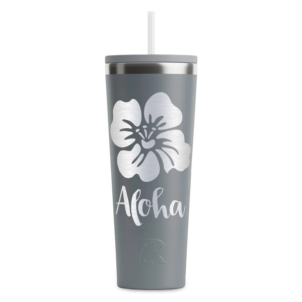 Custom Preppy Hibiscus RTIC Everyday Tumbler with Straw - 28oz - Grey - Double-Sided (Personalized)