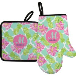 Preppy Hibiscus Right Oven Mitt & Pot Holder Set w/ Name and Initial