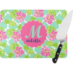 Preppy Hibiscus Rectangular Glass Cutting Board - Large - 15.25"x11.25" w/ Name and Initial
