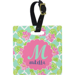 Preppy Hibiscus Plastic Luggage Tag - Square w/ Name and Initial