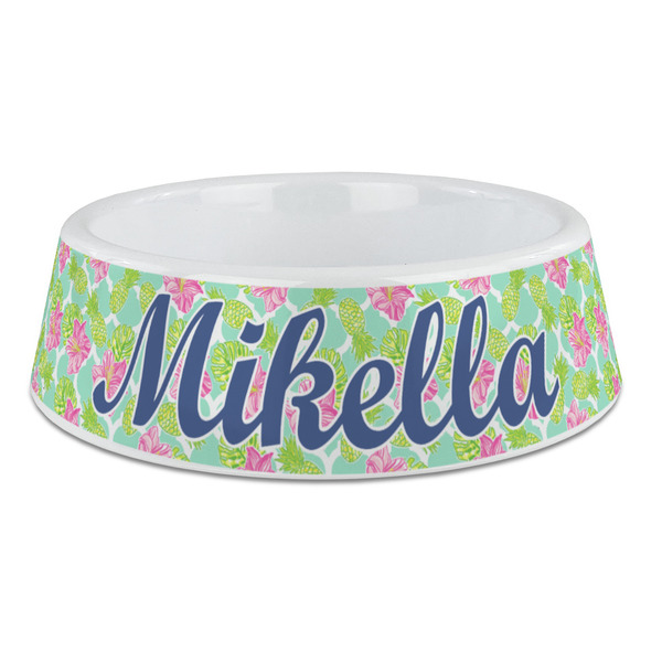 Custom Preppy Hibiscus Plastic Dog Bowl - Large (Personalized)