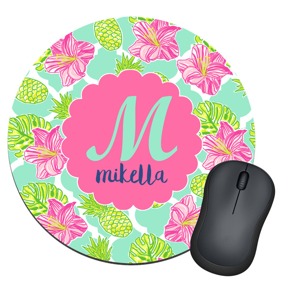 Custom Preppy Hibiscus Round Mouse Pad (Personalized)