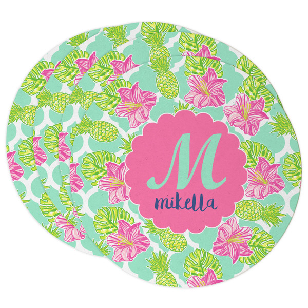 Custom Preppy Hibiscus Round Paper Coasters w/ Name and Initial