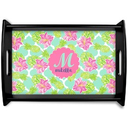 Preppy Hibiscus Black Wooden Tray - Small (Personalized)