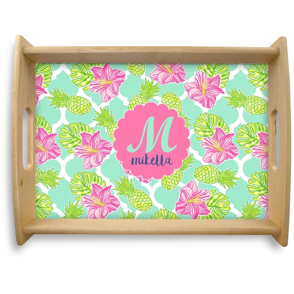 Custom Preppy Hibiscus Natural Wooden Tray - Large (Personalized)