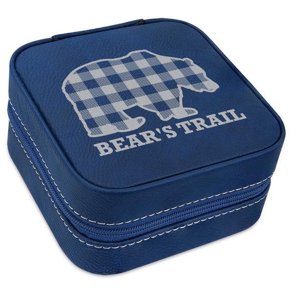 Custom Lumberjack Plaid Travel Jewelry Box - Navy Blue Leather (Personalized)