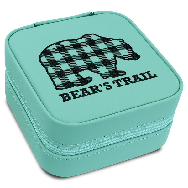 Custom Lumberjack Plaid Travel Jewelry Box - Teal Leather (Personalized)