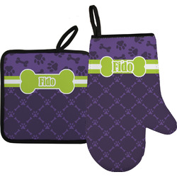 Pawprints & Bones Oven Mitt & Pot Holder Set w/ Name or Text