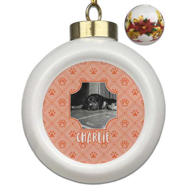 Custom Pet Photo Ceramic Ball Ornaments - Poinsettia Garland