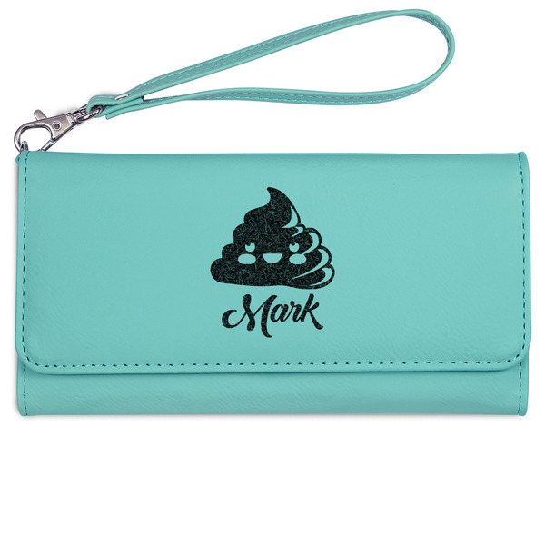 Custom Poop Emoji Ladies Leatherette Wallet - Laser Engraved- Teal (Personalized)