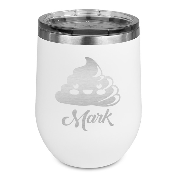 Custom Poop Emoji Stemless Stainless Steel Wine Tumbler - White - Double Sided (Personalized)