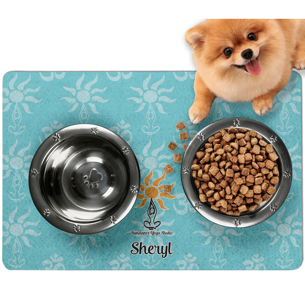 Custom Sundance Yoga Studio Dog Food Mat - Small w/ Name or Text