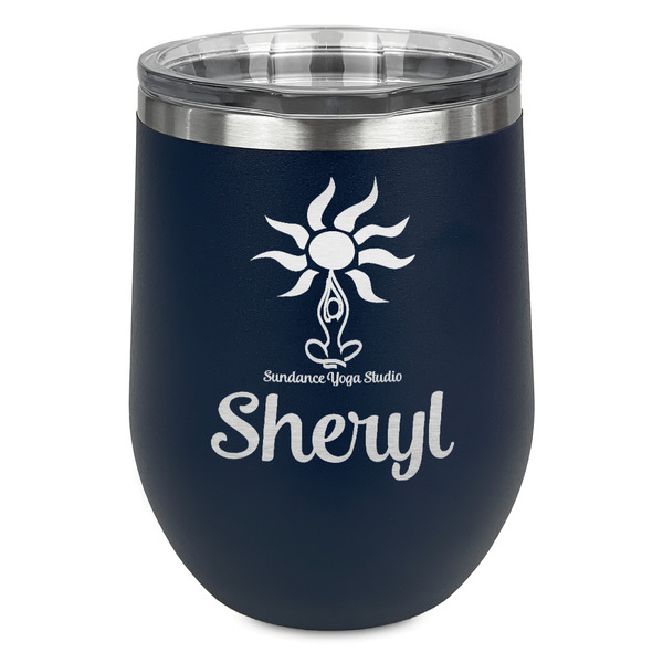 Custom Sundance Yoga Studio Stemless Stainless Steel Wine Tumbler - Navy - Double Sided (Personalized)