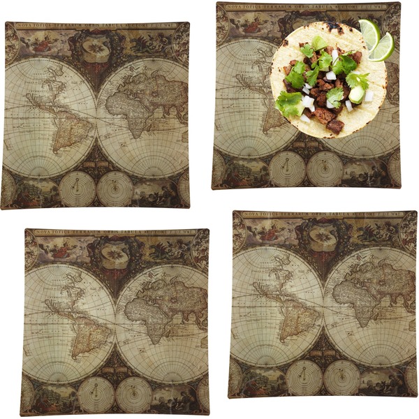 Custom Vintage World Map Set of 4 Glass Square Lunch / Dinner Plate 9.5"