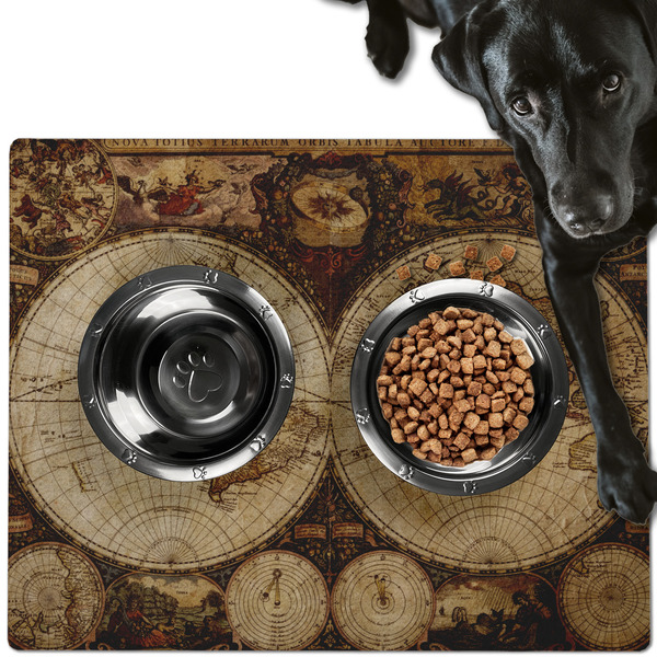 Custom Vintage World Map Dog Food Mat - Large