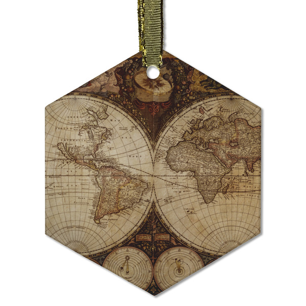 Custom Vintage World Map Flat Glass Ornament - Hexagon